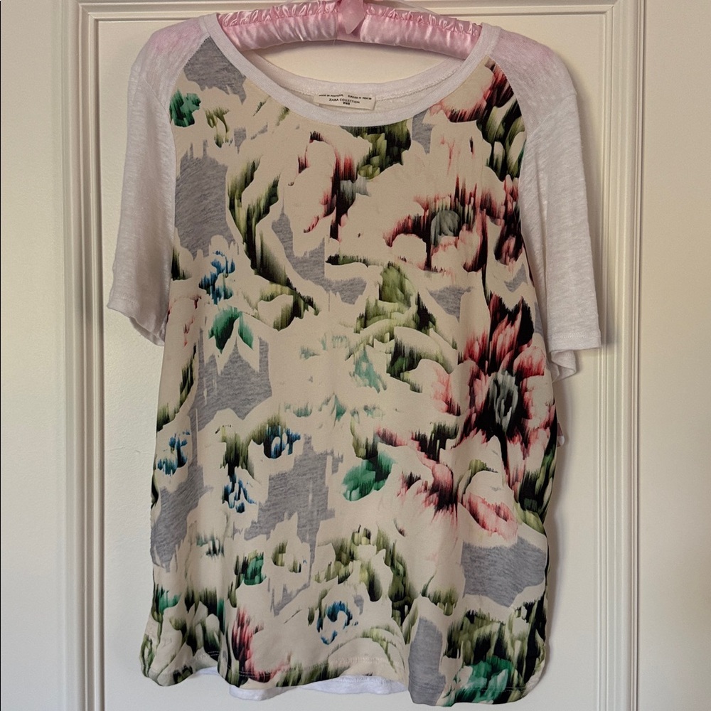 Zara White Floral Print Short-Sleeve Crewneck Tee  Sz M